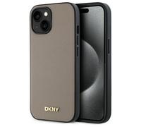 Custodia DKNY iPhone 15 beige logo metallo granulato MagSafe