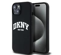 Custodia DKNY iPhone 15 silicone liquido bianca logo nero MagSafe