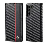 Custodia Fibra Carbonio per Samsung Galaxy S21 FE 5G Cover Sottile Pelle di Carbonio Magnetica Portafoglio Robusto Pannello PC Fibra Carbonio + Antiurto TPU + [Slot per schede],Linea rossa verticale