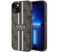 Custodia Guess 4G a righe stampate con MagSafe per iPhone 14, colore marrone.