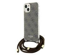 Custodia Guess a tracolla con cordino 4G per iPhone 15, colore marrone.
