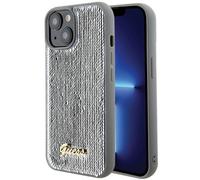 Custodia Guess con scritta in metallo argentato e paillettes per iPhone 15