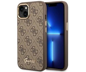 Custodia Guess Hard 4G per iPhone 14 Plus con logo vintage oro e marrone