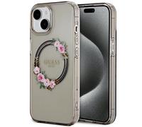 Custodia Guess IML Flowers Wreatch MagSafe per iPhone 15, colore nero.