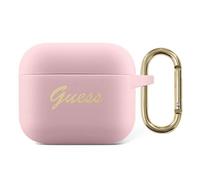 Custodia Guess in silicone rosa con scritta vintage per AirPods 3
