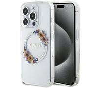 Custodia Guess MagSafe per iPhone 15 Pro Max con motivo floreale trasparente