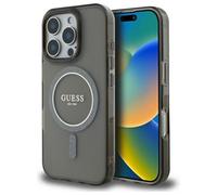 Custodia Guess nera con glitter e cerchio MagSafe per iPhone 16 Pro