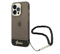 Custodia Guess per iPhone 14 Pro con cinturino traslucido in madreperla nera.