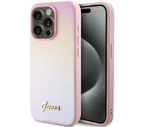 Custodia Guess Saffiano rosa iridescente con scritta per iPhone 15 Pro Max