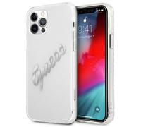 Custodia Guess Vintage Script trasparente argento per iPhone 12
