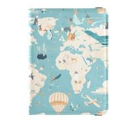 Custodia impermeabile per passaporto con mappa del mondo con personaggi animali e temi di volo, da viaggio, in pelle, da donna, organizer da viaggio