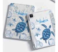 Custodia in acrilico trasparente, resistente agli urti, con stampa doppia faccia raffigurante conchiglia di tartaruga blu, stelle marine ed elementi marini. Adatta per iPad di 7a, 8a (10,2 pollici) e