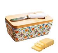 Custodia in ceramica del contenitore per burro Cover in legno | Contenitore di stoccaggio di piatti ad olio giallo da 350 ml con coltello | Box di stoccaggio del burro di 14,8 cm di grande capacità co