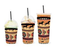 Custodia in neoprene per tazze, riutilizzabile, motivo acchiappasogni con cavalli nativi americani del sud-ovest, confezione da 3, per tazze da caffè freddo, per conservare le bevande al calore, deco