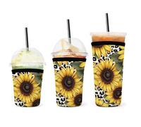 Custodia in neoprene per tazze, riutilizzabile, stile vintage anni '80, con stampa di girasoli, leopardi e mucche, confezione da 3, per tazze da caffè freddo, per conservare le bevande al calore, dec