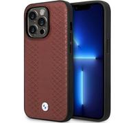 Custodia in pelle BMW per iPhone 14 Pro, colore bordeaux con diamanti.
