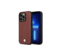 Custodia in pelle BMW per iPhone 14 Pro Max con motivo a rombi, colore bordeaux.