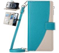 Custodia in pelle con portafoglio per Samsung Galaxy M34 5G/F34 con cinturino da polso, cavalletto, porta carte, tasca con cerniera per Samsung Galaxy M34 5G/F34-Blu-01