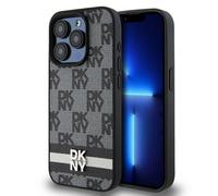 Custodia in pelle DKNY con motivo a scacchi, nera, per iPhone 15 Pro Max.