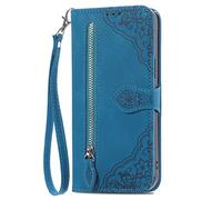 Custodia in Pelle per TCL 205 Flip Cover con Chiusura Magnetica Tasca con Cerniera in Pelle PU,con 7 Scomparti per Carte di Credito,con Cinturino da Polso Magnetica Goffrato Fiore Cover Blu