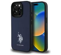 Custodia in pelle US Polo per iPhone 15 Pro Max, blu navy con ricamo.