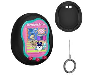Custodia in silicone compatibile con Tamagotchi Uni Virtual Pet Machine (2023), custodia protettiva per Tamagotchi Uni con cordino per dita (nero)