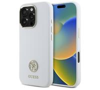 Custodia in silicone Guess per iPhone 16 Pro con logo Strass 4G, colore bianco.