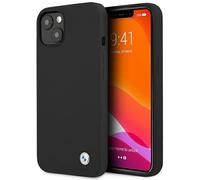 Custodia in silicone nera con logo BMW per iPhone 13 Mini.