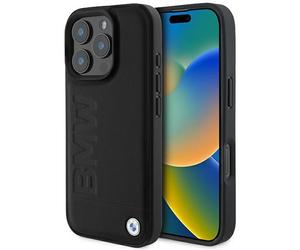 Custodia IPHONE 16 Pro Max BMW Vera Pelle Nero Goffrato Logo Metallo Magsafe