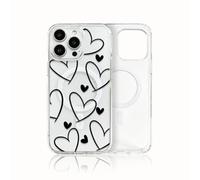 Custodia magnetica per iPhone 16 Pro Max, con contorno nero e mini cuori, in morbido TPU trasparente, antiurto, ricarica wireless, minimale romantica, per donne e ragazze
