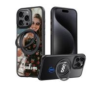 Custodia Magnetica Personalizzata per iPhone 16 Pro 5G, Foto/Logo Personalizzato, Supporto ad Anello Rotante a 360°, Protezione Antiurto di Grado Militare, Paraurti in Silicone, Cover Posteriore