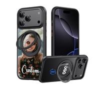 Custodia Magnetica Personalizzata per iPhone 17 Pro 5G, Foto/Logo Personalizzato, Supporto ad Anello Rotante a 360°, Protezione Antiurto di Grado Militare, Paraurti in Silicone, Cover Posteriore
