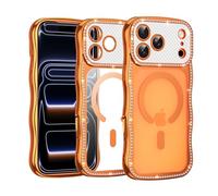 Custodia magnetica trasparente per iPhone 17 Pro Max con gemme glitterate da donna, in morbido TPU, colorato telaio elettrolitico a onde ricce, antiurto, anti-giallo, arancione cosmico
