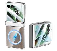 Custodia Magnetica Trasparente per Motorola Razr 60 Ultra con Protezione per lo Schermo Integrata e Protezione della Cerniera, Placcatura Chiaro Anti-ingiallimento Ricarica Wireless Cover (Argento)