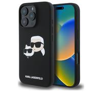 Custodia MagSafe in silicone per iPhone 16 Pro di Karl Lagerfeld, colore nero.
