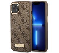 Custodia MagSafe per iPhone 14 Plus Guess 4G con logo, colore marrone.