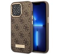 Guess, Cover per iPhone 14 Pro PU 4G Metal Plate, Marrone
