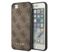 Custodia marrone Guess Hard 4G per iPhone SE 2022 con logo dorato in metallo.