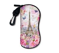 Custodia morbida per occhiali da sole Parigi, design floreale vintage con farfalla, custodia di sicurezza per occhiali da sole con cerniera agganciata, portatile, Pesca, 3x7 Inch