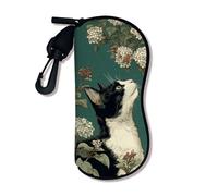 Custodia morbida per occhiali, motivo floreale con gatto, design botanico vintage, porta occhiali da sole di sicurezza con gancio con cerniera, in neoprene portatile da viaggio, Verde, 3x7 Inch