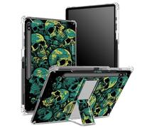 Custodia morbida per Samsung Galaxy Tab S8 Plus 2022/S7 FE 2021/S7 Plus 2020 da 12,4 pollici con portapenne, retro trasparente con teschio verde neon, copertura di protezione angolare con cavalletto