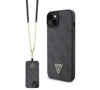 Custodia nera Guess Crossbody per iPhone 15 Plus 4G con logo in metallo.