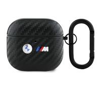 Custodia nera per AirPods 4 con doppio logo in metallo e fibra di carbonio BMW.
