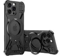 Custodia Paraurti in Metallo Senza Cornice per iPhone 16, Compatibile con Magsafe, Telaio in Alluminio Cavo Aperto sul Retro con Supporto ad Anello Magnetico Rotante a 360°, Nero