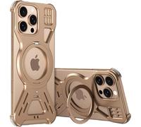Custodia Paraurti in Metallo Senza Cornice per iPhone 16, Compatibile con Magsafe, Telaio in Alluminio Cavo Aperto sul Retro con Supporto ad Anello Magnetico Rotante a 360°, Oro