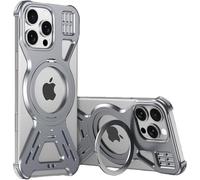 Custodia Paraurti in Metallo Senza Cornice per iPhone 16, Compatibile con Magsafe, Telaio in Alluminio Cavo Aperto sul Retro con Supporto ad Anello Magnetico Rotante a 360°, Grigio