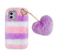 Custodia Peluche per iPhone 12 Mini 5.4" Carino Morbido Peloso Ciondolo Love Inverno Soffice Caldo Hairball Cover Protettiva Fluffy Cover Bambine Copertura Caso per iPhone 12 Mini 5.4",Viola