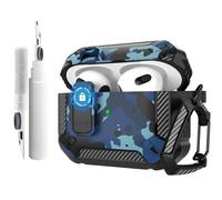 Custodia per AirPods 4 con penna per la pulizia e clip di bloccaggio sicura, copertura pop-up automatica, custodia protettiva militare rigida antiurto per AirPods di quarta generazione