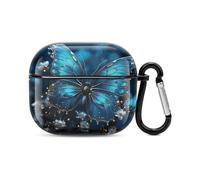 Custodia per auricolari Bluetooth blu con farfalla e luna, protezione integrale antiurto, custodia rigida con supporto per ricarica wireless con portachiavi, regalo personalizzato per AirPods 3