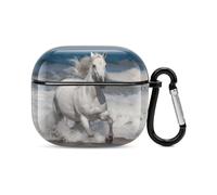 Custodia per auricolari Bluetooth con cavallo bianco che corre sul mare, protezione integrale antiurto, custodia rigida con supporto per ricarica wireless con portachiavi, regalo personalizzato per
